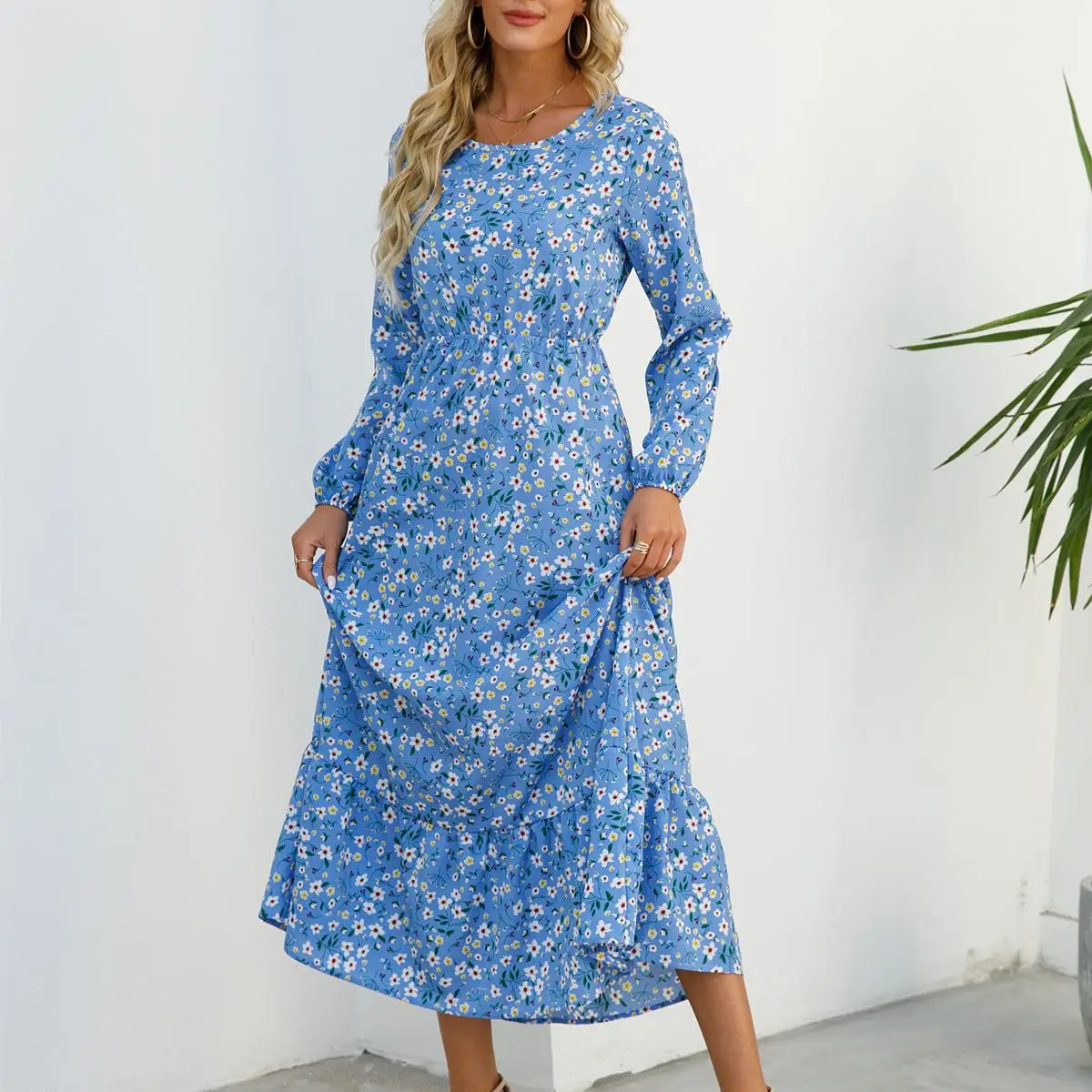 

Sping Autumn Bohemian Women Maxi Dress Casual Long Sleeve Beach Woman Chiffon Dresses Floral Vestidoes Mujer Blue Party Dress