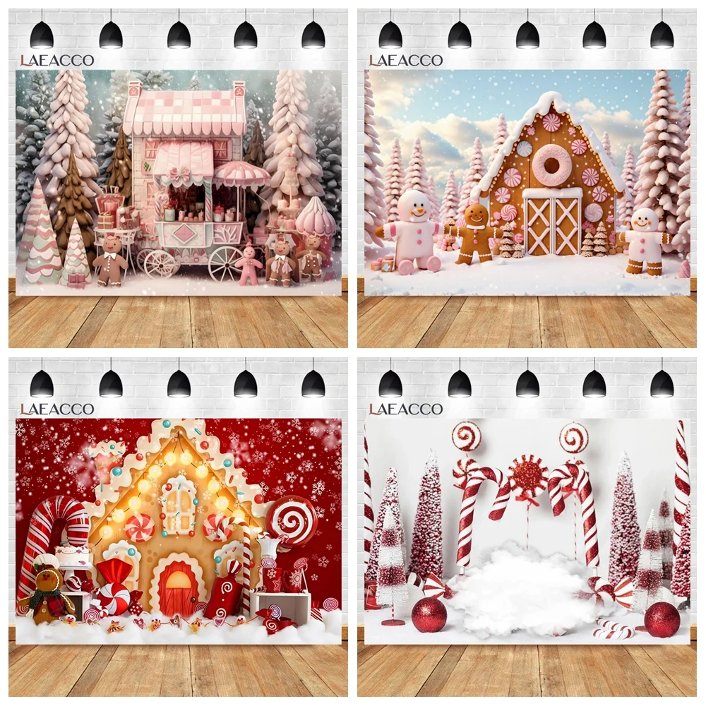 Christmas Candy Store Photography Backdrop Xmas Tree Gift Winter Snow Gingerbread House Kid Family Portrait Photo Background