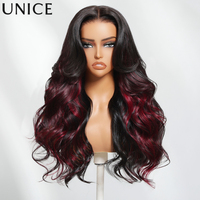 Unice Hair 99J Burgundy Highlights Loose Wave Wig 7x5 Pre Cut Pre Bleached Glueless Wig Human Hair Ready To Wear 180% Density