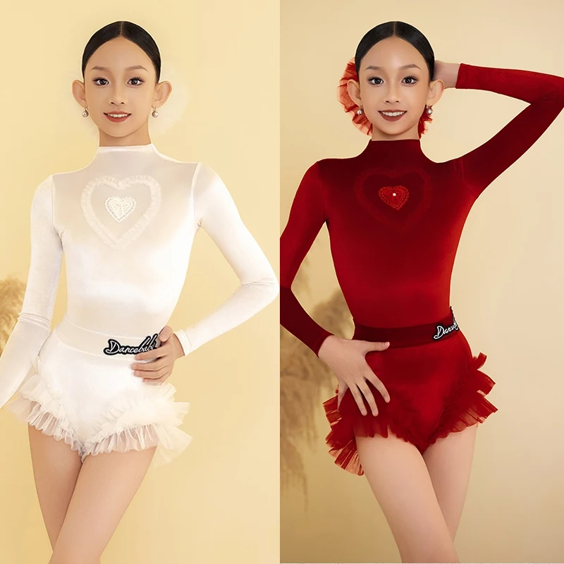 

Child Latin Dance Clothes Girls Practice Clothing Cha Cha Rumba Samba Dress Velven High Neck Long Sleeves Tops Skirt Set VBH1225