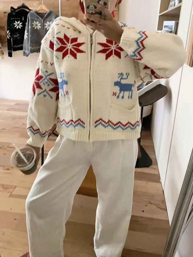 

Elegant Zipper Hooded Sweater Cardigan Fashion Christmas Reindeer Print Women's Coats Caual Long Sleeve Wram Soft Sweater Jacket