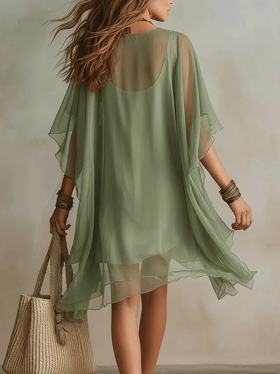 Summer 2026 Women V-neck Chiffon Dress Two-piece Set Spaghetti Strap Dress with Perspective Cover up Beach Skirt Beach Vacation