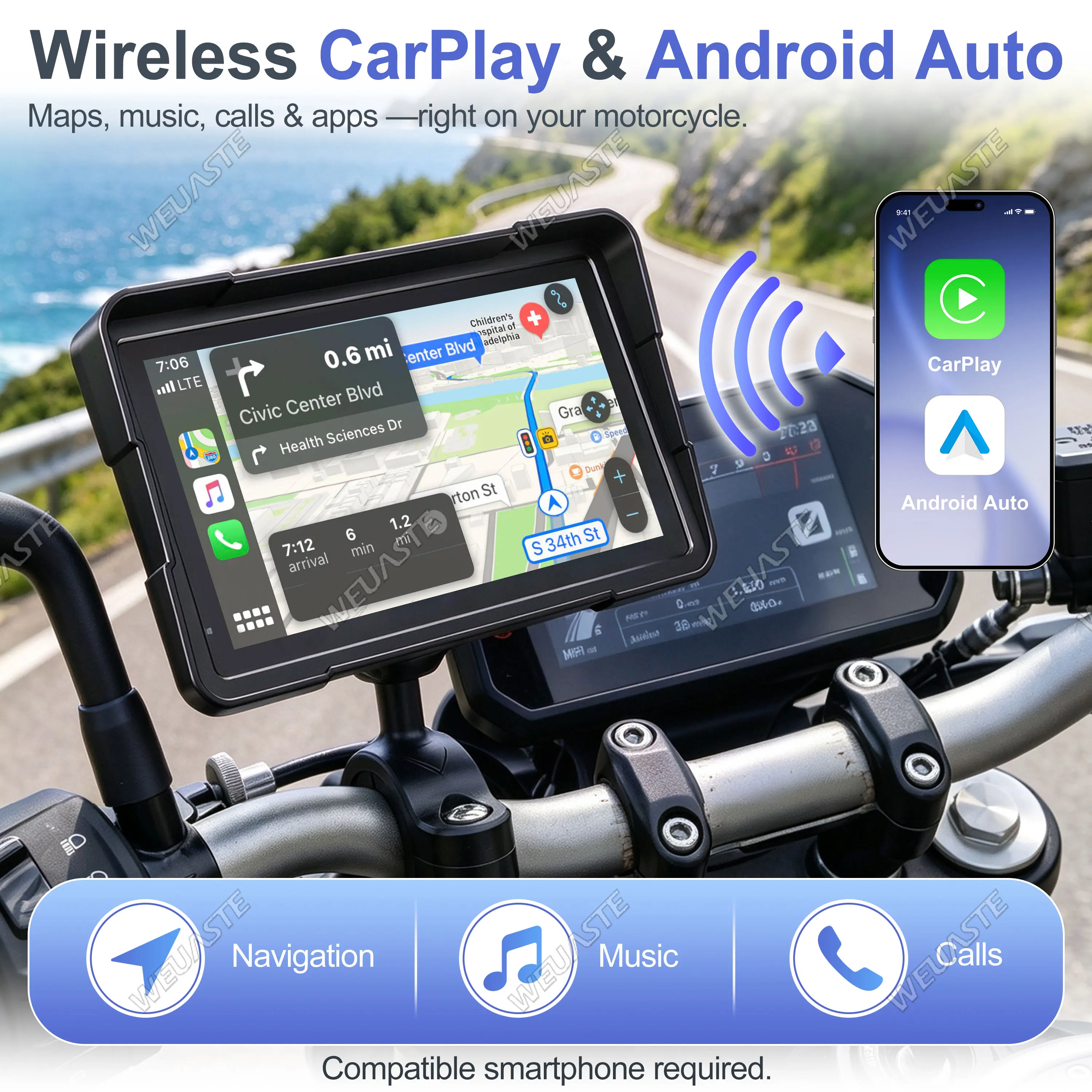 WEUASTE 7-inch Motorcycle Navigation System Motorcycle CarPlay Android GPS Navigator (Optional TPMS includes USB cable)