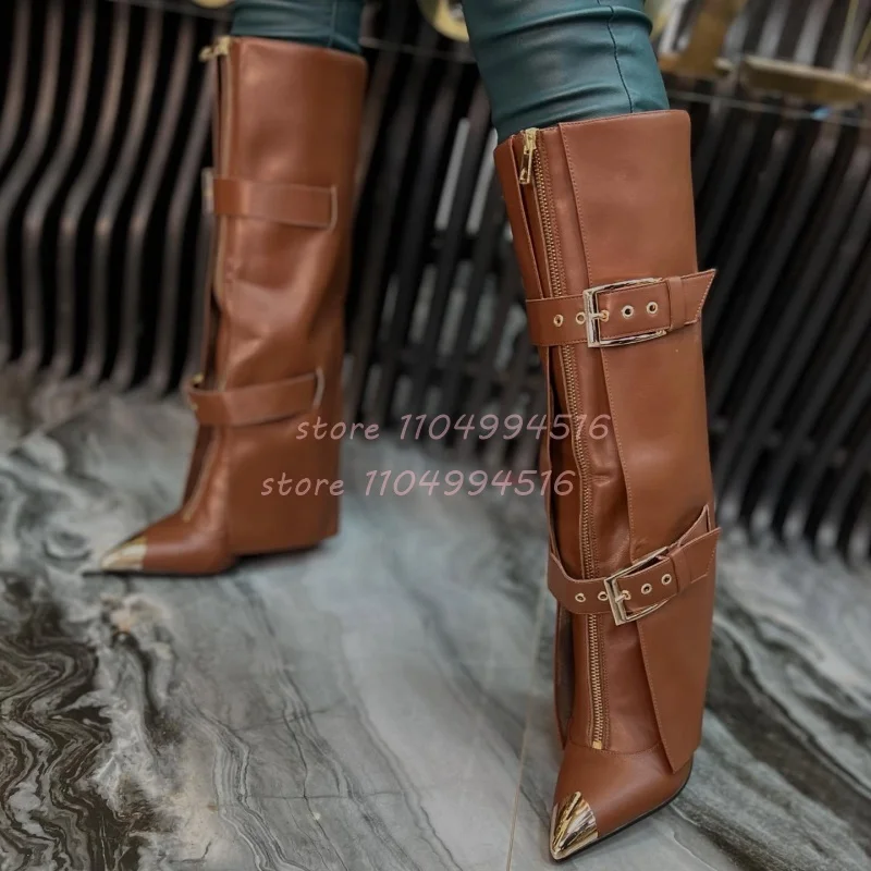 

Metal Pointed Toe Belt Buckle Leather Knee High Boots Women Black Front-Zip Stiletto Long Boots Fashion Luxury Party Prom Shoes