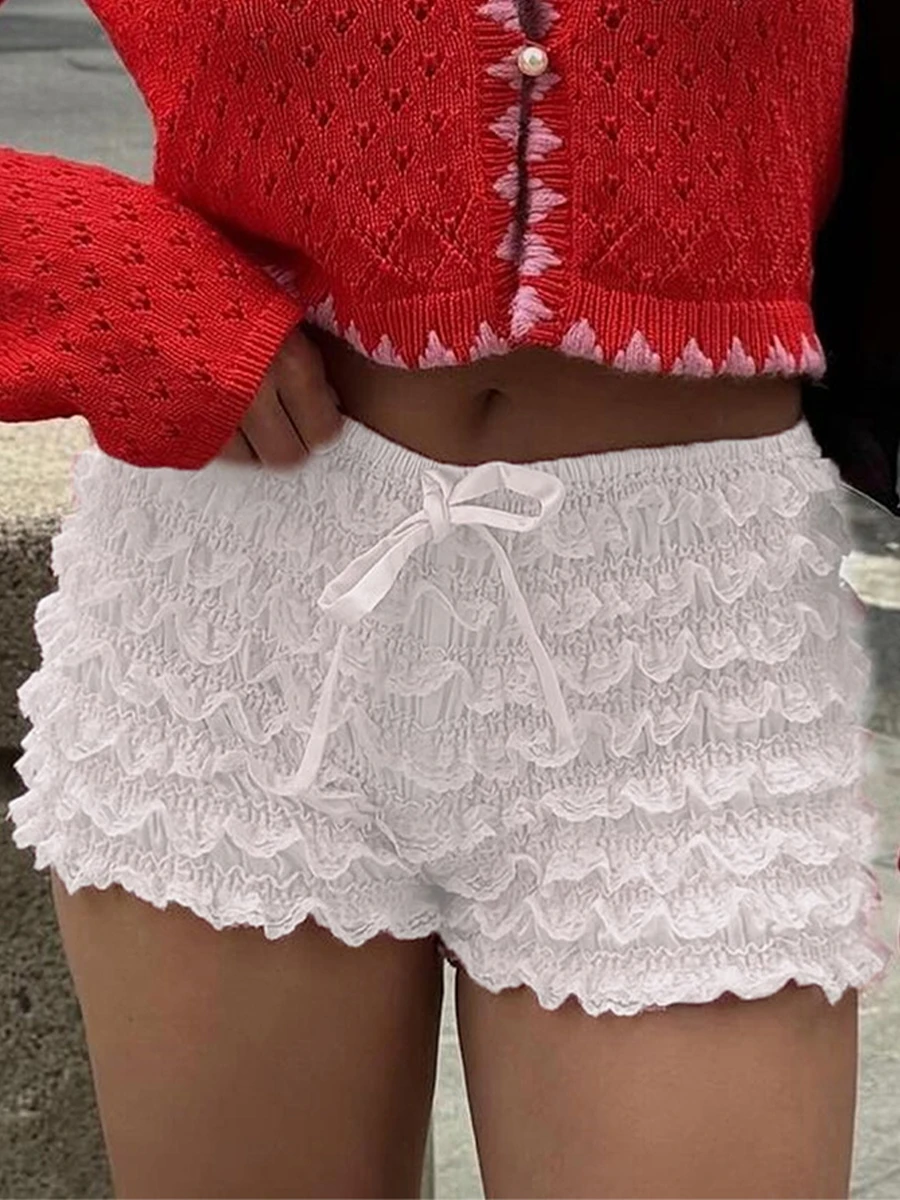 Women's Y2k Ruffle Mini Shorts Layered Lace Frill Trim Elastic Waist Tie-Up Bow Bloomer Shorts for Summer Streetwear