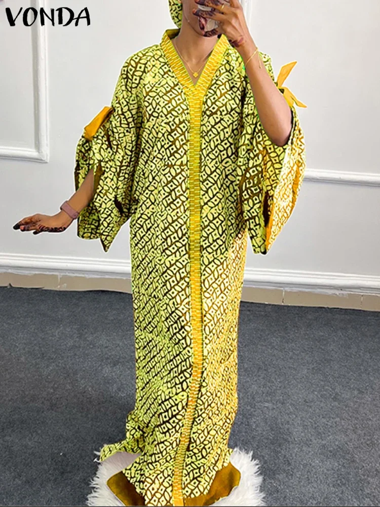

Плюс размер 5XL VONDA богемные длинные платья макси 2024, женские элегантные платья с v-образным вырезом и принтом, повседневный сарафан с длинными рукавами, свободный халат