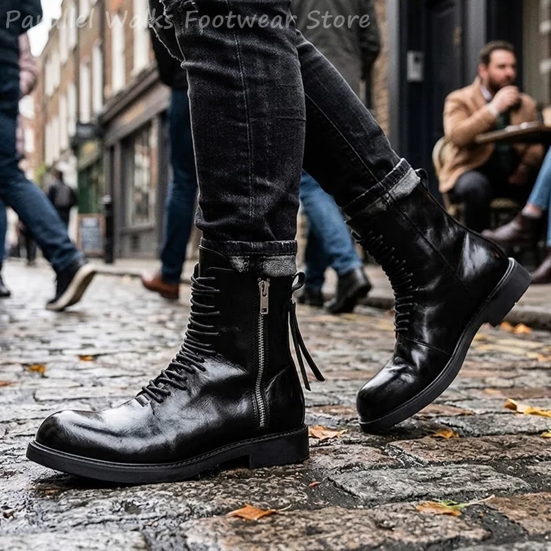 Men Lace Up Side Zipper Leather Boots Retro Combat Motorcycle Ankle Shoes Punk Streetwear Vintage High Top Casual Boots For Men
