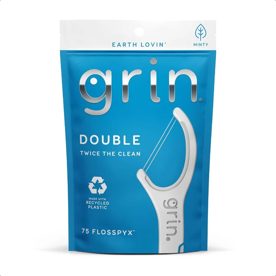 

GRIN Double Flosspyx Floss Picks 75 Count Dental Flossers Minty Flavor Recycled Plastic 2 Lines of Strong Floss Longer Floss He