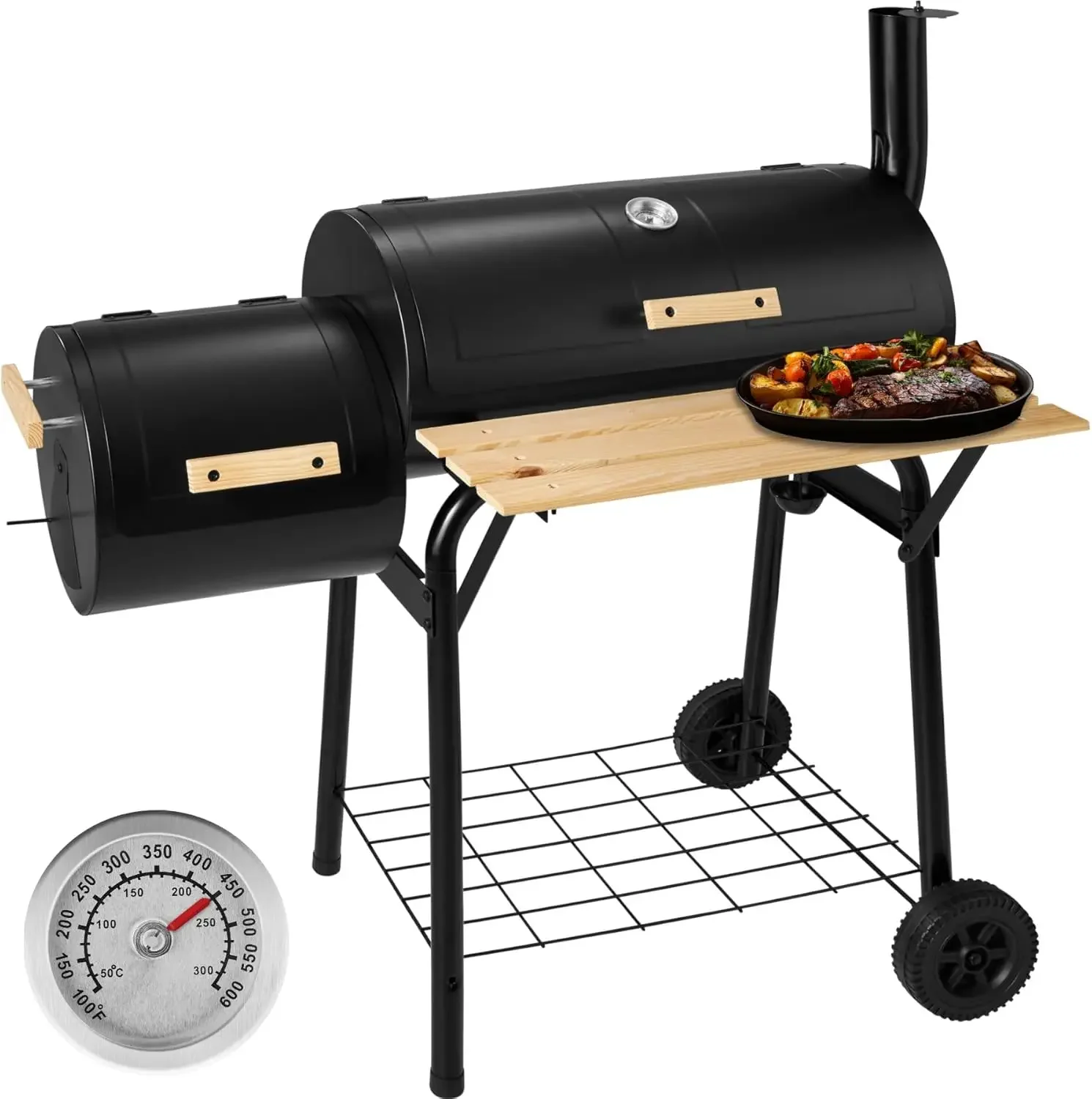 Neue Shop Rabatte- --tectake® 3-in-1 outdoor Grill, Smoker mit Zubehör Thermometer, Holzkohlegrill, BBQ Grill, Räucherofen für F