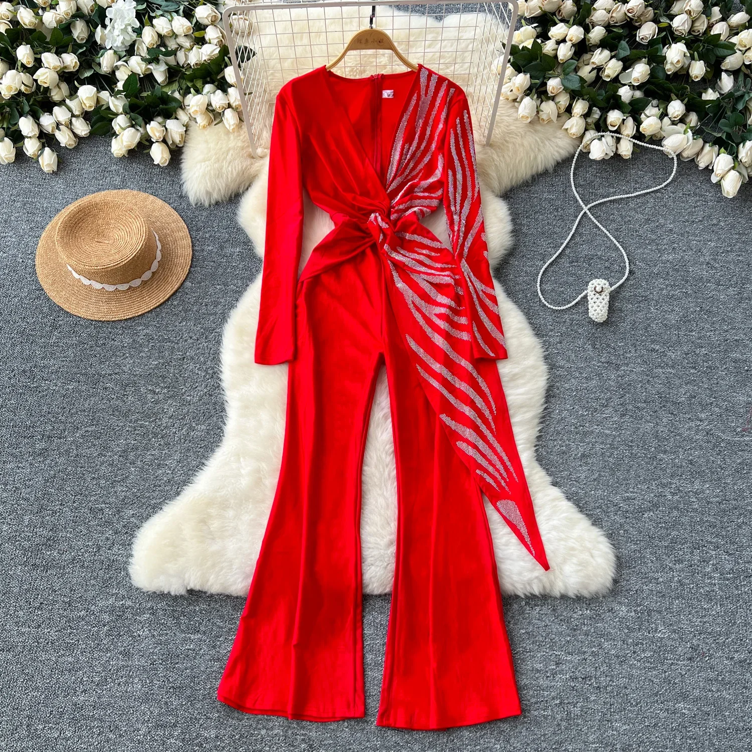 Chic V-neck Rhinestone Jumpsuit Vintage Long Sleeve Slim High Waist Casual  High Street Autumn Winter Evening Women Clothing