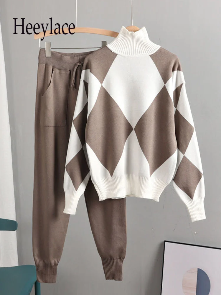 

Fall Winter Warm Knit 2 Piece Set Women Oversized Sweater Tracksuits Autumn Turtleneck Pullovers Top + Knit Harem Pants Suits