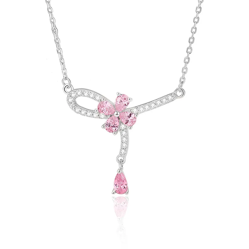 

S925 Silver Tassel Girl Knot Necklace Fine Pendant Necklaces Light Luxury Personality Ribbon Clavicle Chain Pink Diamond