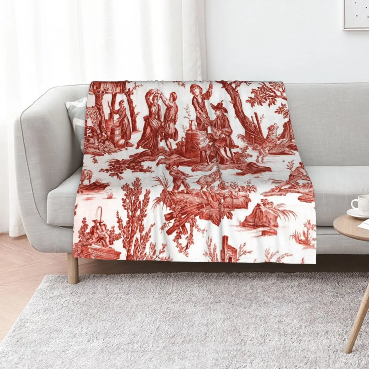 Red and White Toile de Jouy Throw Blanket Summer Cool Breathable Blanket for Sleeping