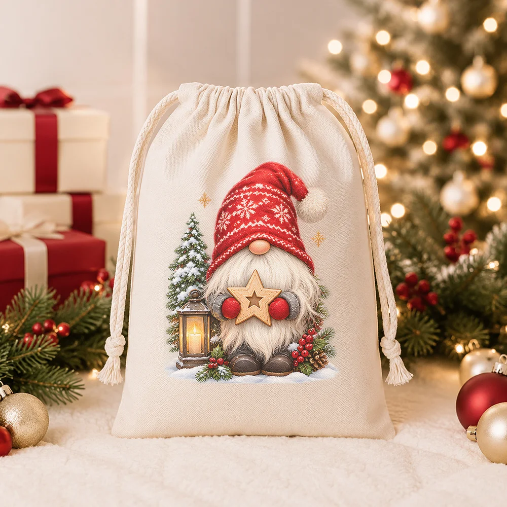 VIKAMA Christmas Gift Bag, Cozy Gnome Tomte Red Hat Star Lantern Print, Eco Friendly Drawstring Sack, Winter Party Favor Bag