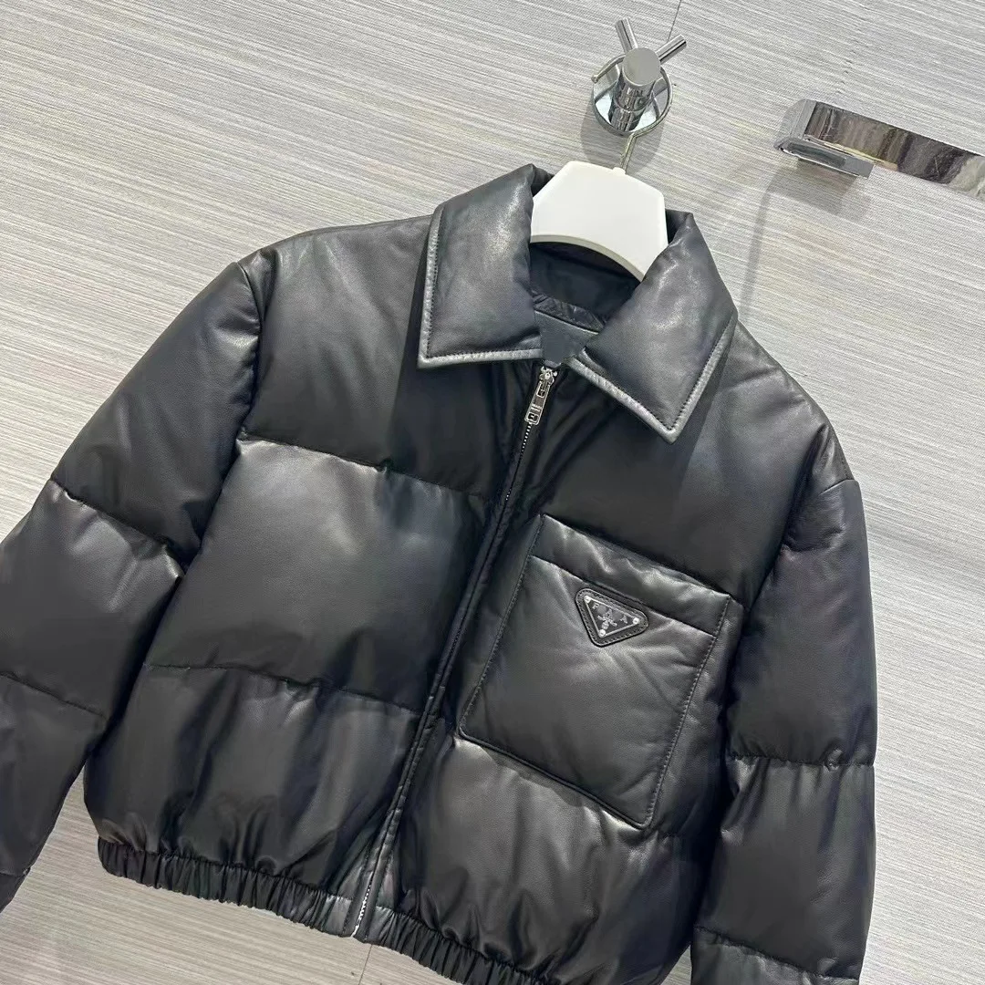 2023 Winter Fashion New Elastic Waist Genuine Leather Sheepskin and Cotton Short 90% White Duck Down Jacket E82