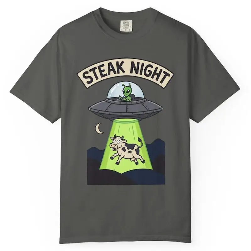 Alien Abduction Cow Steak Night Funny UFO BBQ Humor T-Shirt