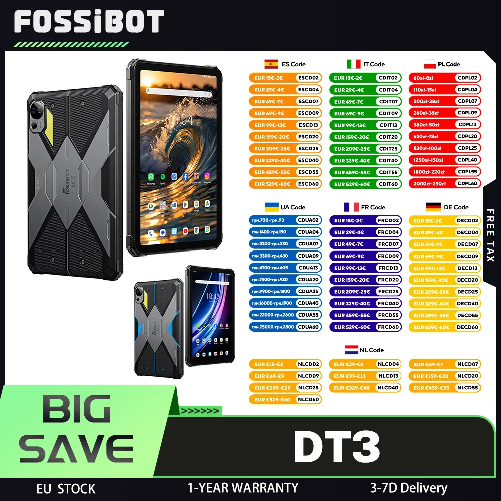 Tablet Robusto FOSSiBOT DT3 5G, Android 15, Display da 10.4 Pollici 1200x2000, 12GB RAM 256GB ROM, WiFi 6, Batteria da 21560mAh Ricarica Rapida 66W