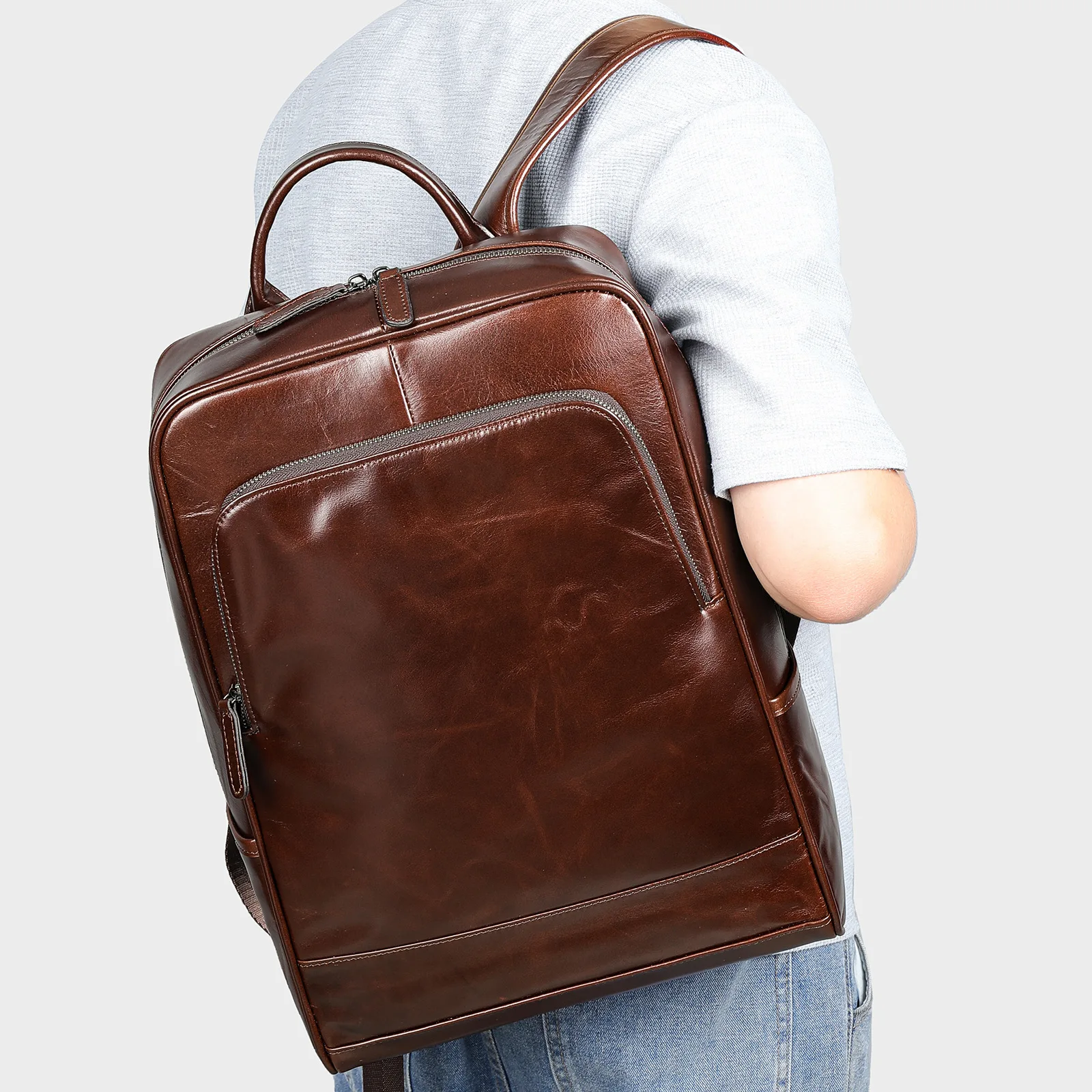 Laptop-Rucksack aus echtem Leder, Herren-Computertasche, 14-Zoll-Notebook, Executive Business, große Kapazität, Schultasche für Jungen