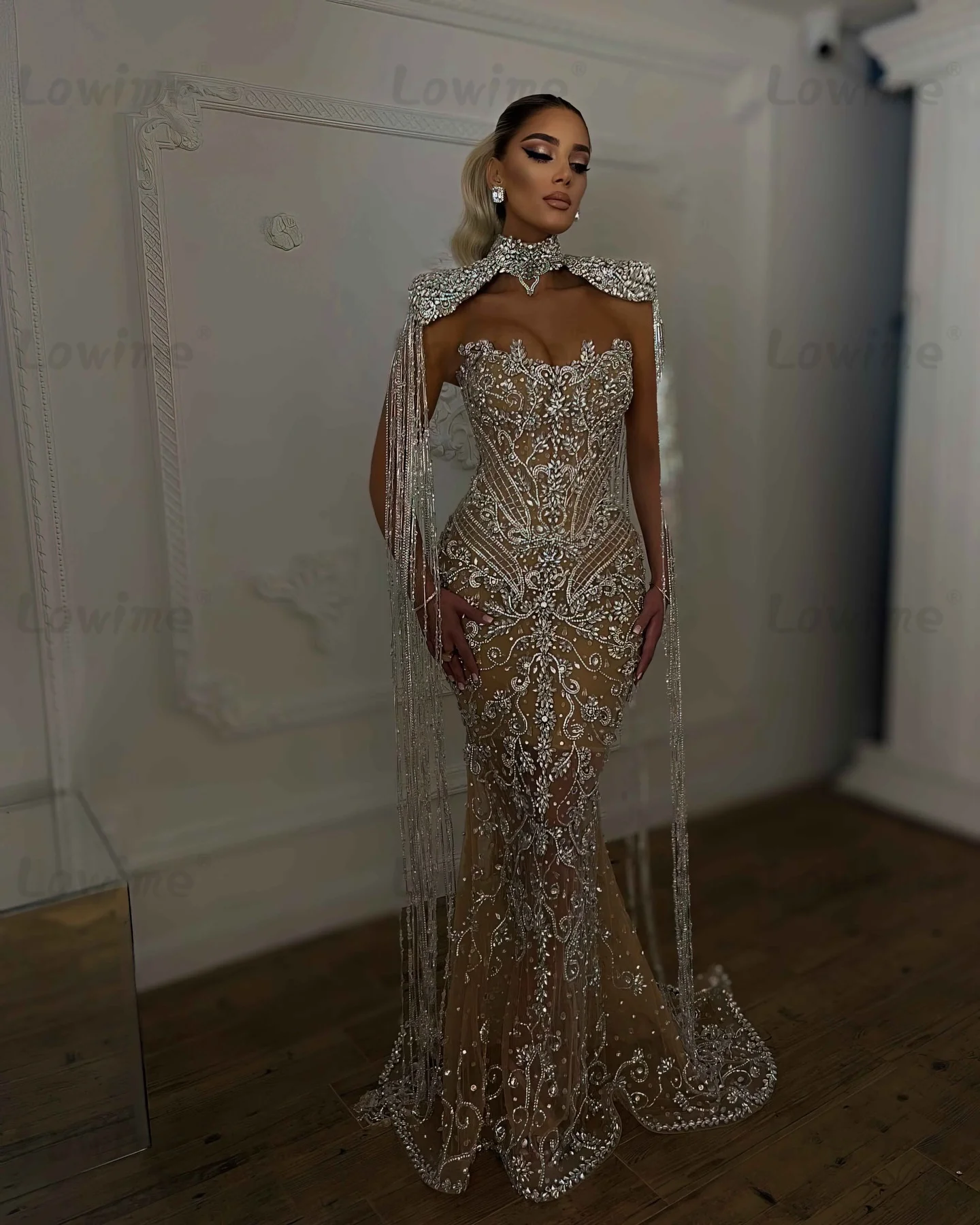 

Customized Champagne Evening Dresses Cape Sleeve Long Tassels Crystal Prom Dress Arabic Mermaid Beaded Rhinestones Party Gowns