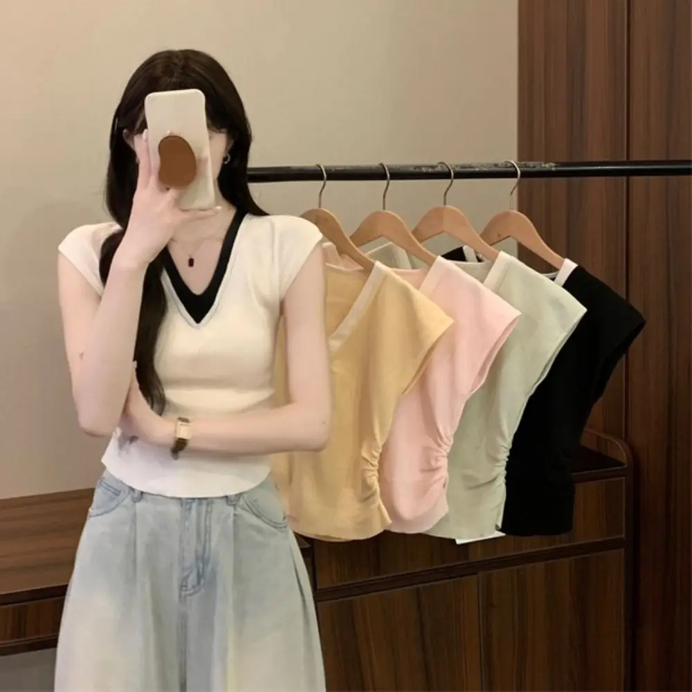 

Temperamnet Patchwork Fake Two Pieces T-shirts Short Sleeve Korean Style Slim Crop Top V-neck Sweet Girl's Top Seaside