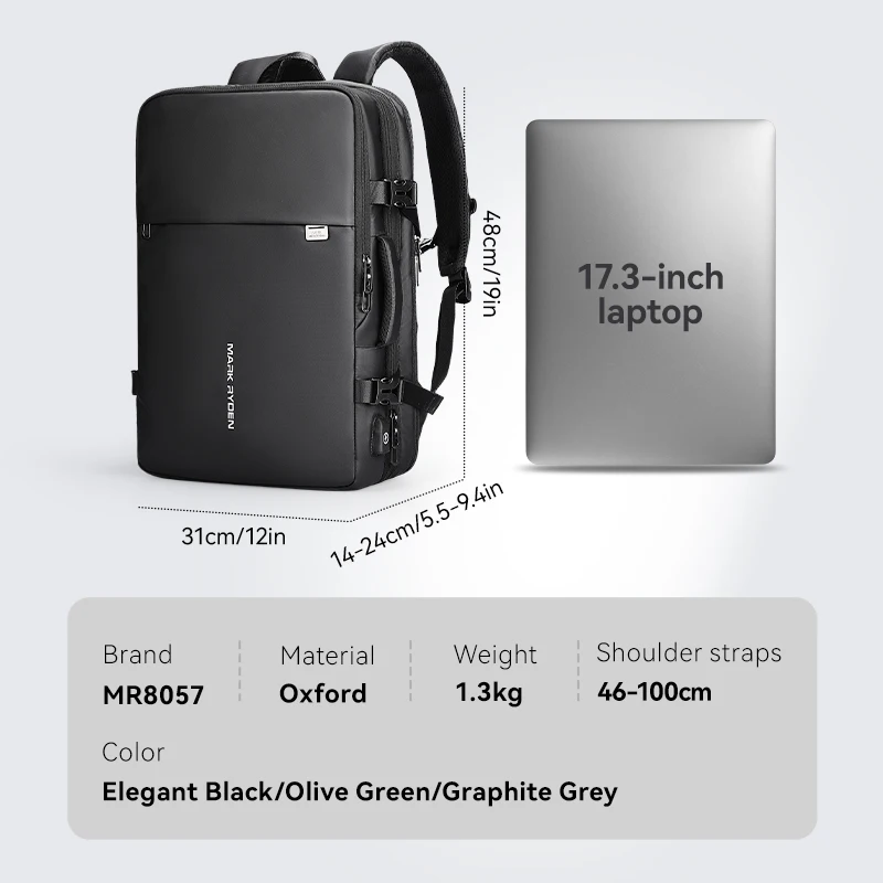MARK RYDEN Large Men Backpack Rucksack 36L Expandable Business Travel Bag School Backpack for Men Fits in 17 inch Laptop view 5