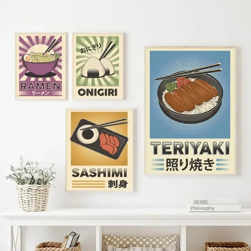 Japanese Sushi Rice Ball Foods Sign Poster Onigiri Teriyaki Ramen Noodle Sashimi Canvas Painting Kitchen Restaurant Wall Decor