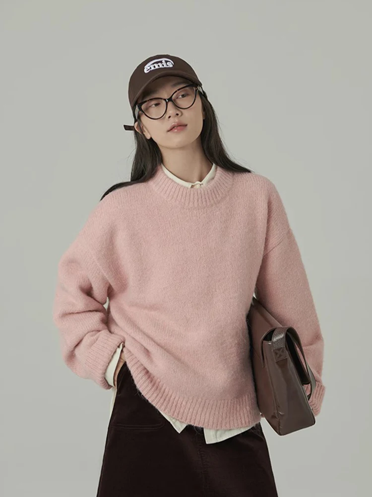 Jmprs Preppy Style Pink Sweaters Women Sweet Loose Faux Wool Knitted Jumpers Tops Casual Long Sleeve Retro Lady Elegant Pullover