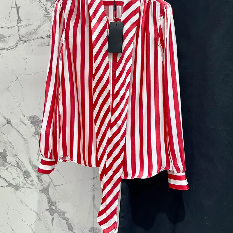 

Fashion Red Striped Long Sleeve Blouse Elegant Women Ribbon Collar Loose Silk Shirt 2024 Summer New Top Quality Clothes Runway