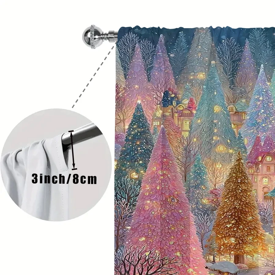2PCS Pink Purple Christmas Tree Curtains, Fairy Tale Village Magical Glowing Forest, Dreamy Holiday Window Drapes for Bedroom