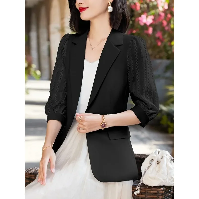 Blazer formel à manches trois quarts pour femme, veste de travail pour femme, manteau femme, bleu abricot, noir, printemps, été