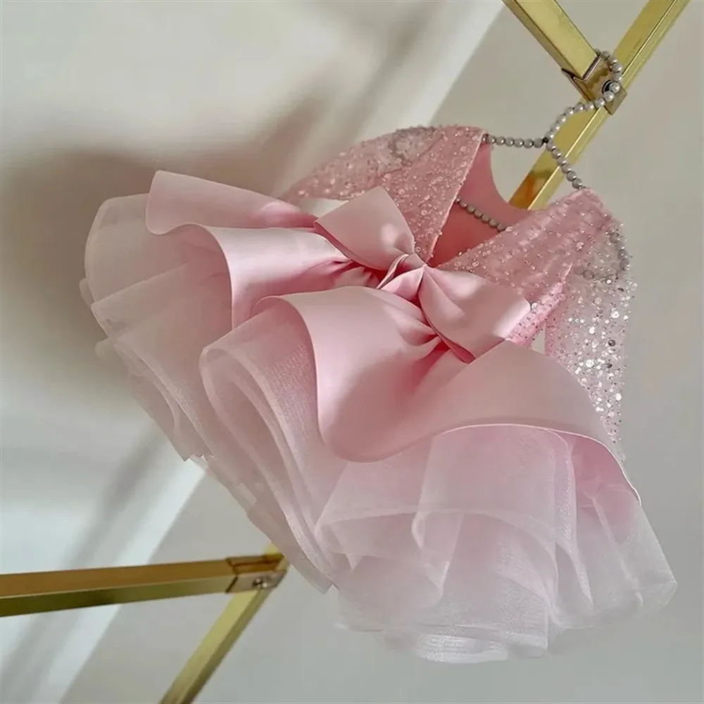 

Customized Princess Party Dress Sequin with Bow Ruffle Flower Girl Wedding Dress Child Kids Christmas Festival Communion Gown
