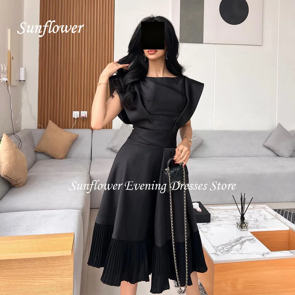 Sunflower Black O-Neck Satin A-LINE Prom Gowns 2024 High Quality Slim Pleat Short Sleeve Tea-Length Formal Evening Dress