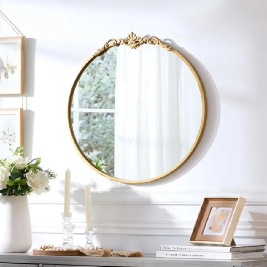 

Vintage Round Wall Mirror, 19 Inch Frame, Baroque Arched Decorative Vanity Mirror for Bathroom, Bedroom, Hallway,19x18