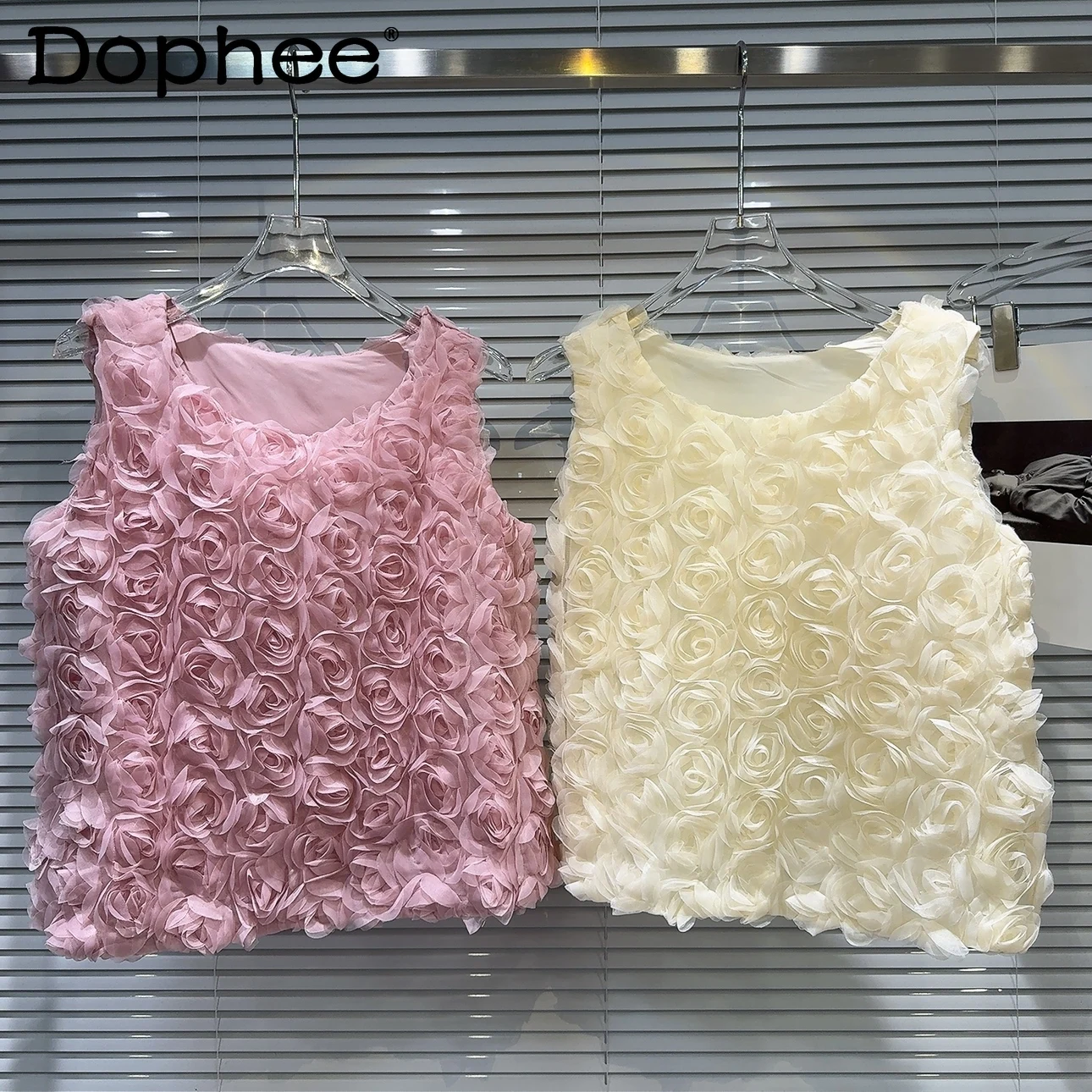 

French-Style Three-Dimensional Rose Sweet Chiffon Vest Top Female 2024 Summer New Round Neck Sleeveless Crop Tops Women Tops