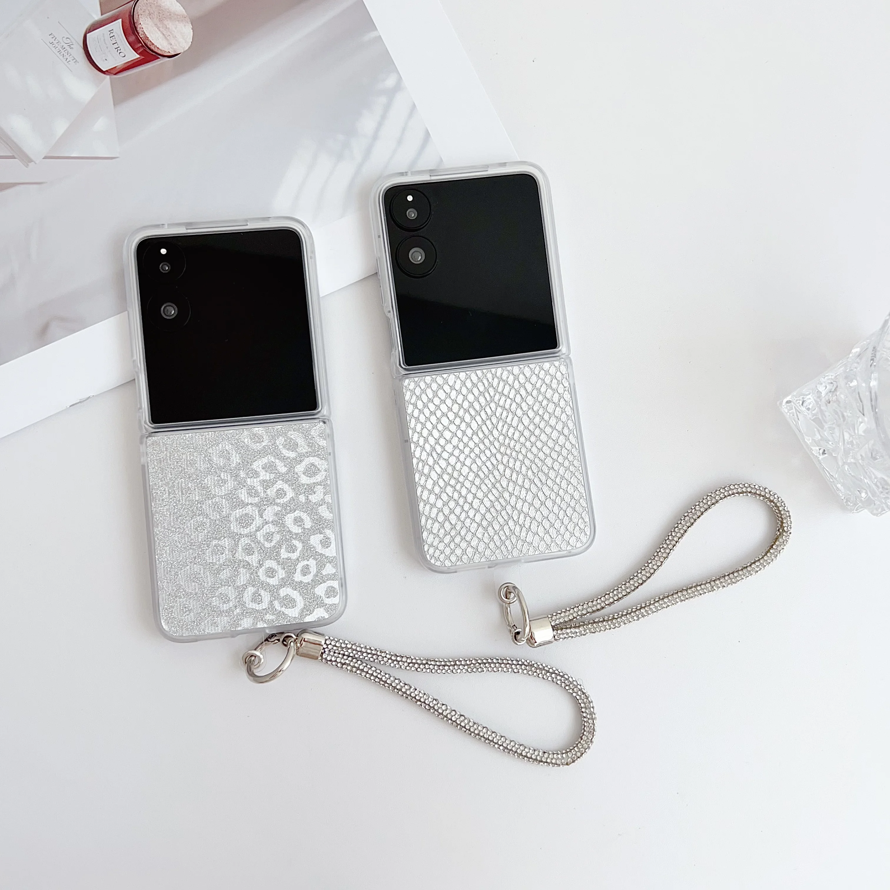 

Back Cover For Xiaomi Mix Flip 2 Case Sliver Laser Leopard Panther Snake Pattern Hand Straps Rope Hard Pc Shockproof Phone Case