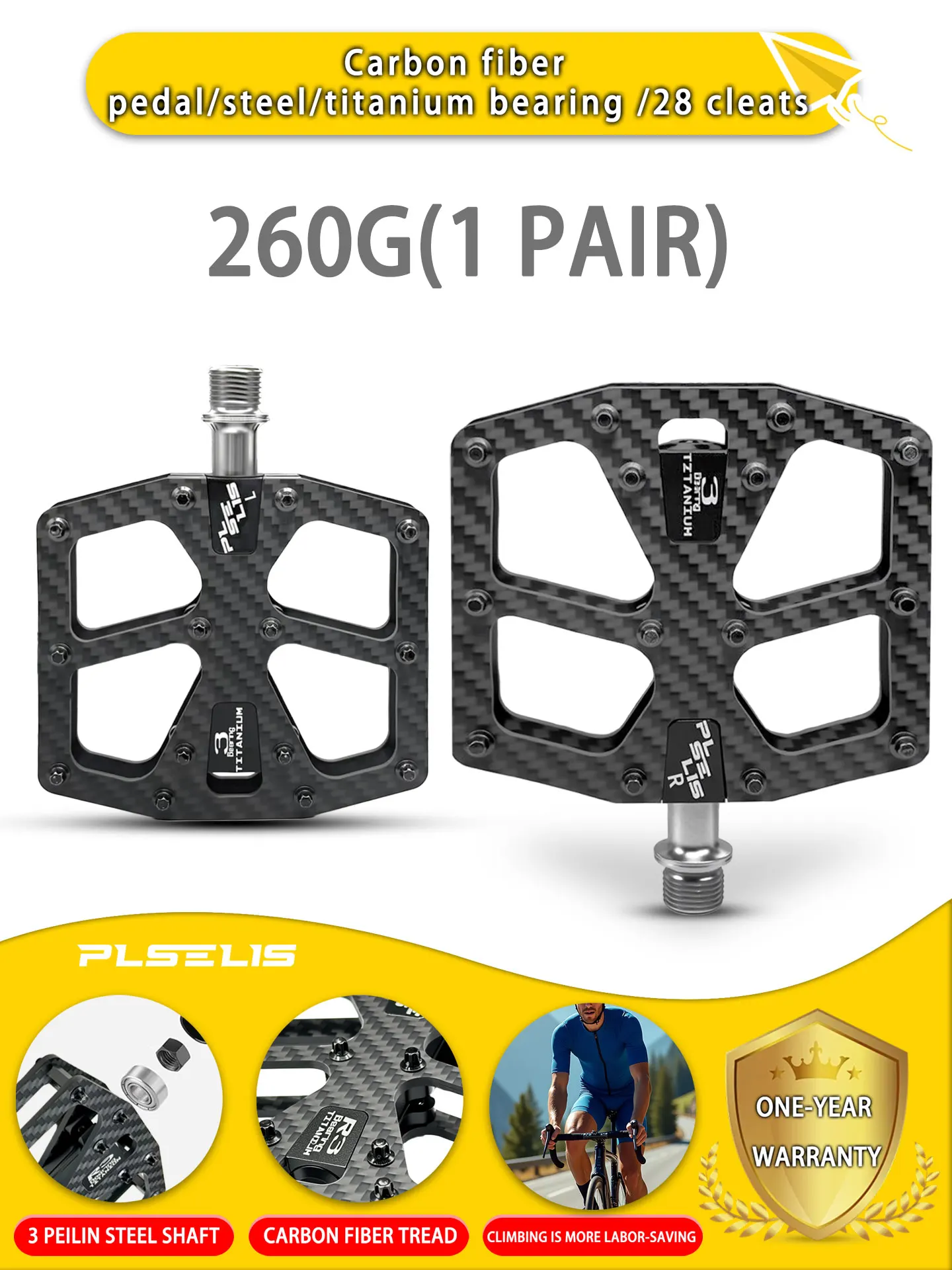 AliExpress plselis PLSELIS Ultra-Light Carbon Fiber Road Bike Pedals 260g (Pairs) 14mm Thread Universal Mounting Riding Accessories
