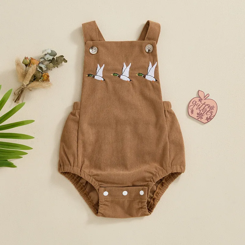 Baby Boy Girl Corduroy Overalls Bird Embroidery Square Neck Sleeveless Romper Toddler Jumpsuit