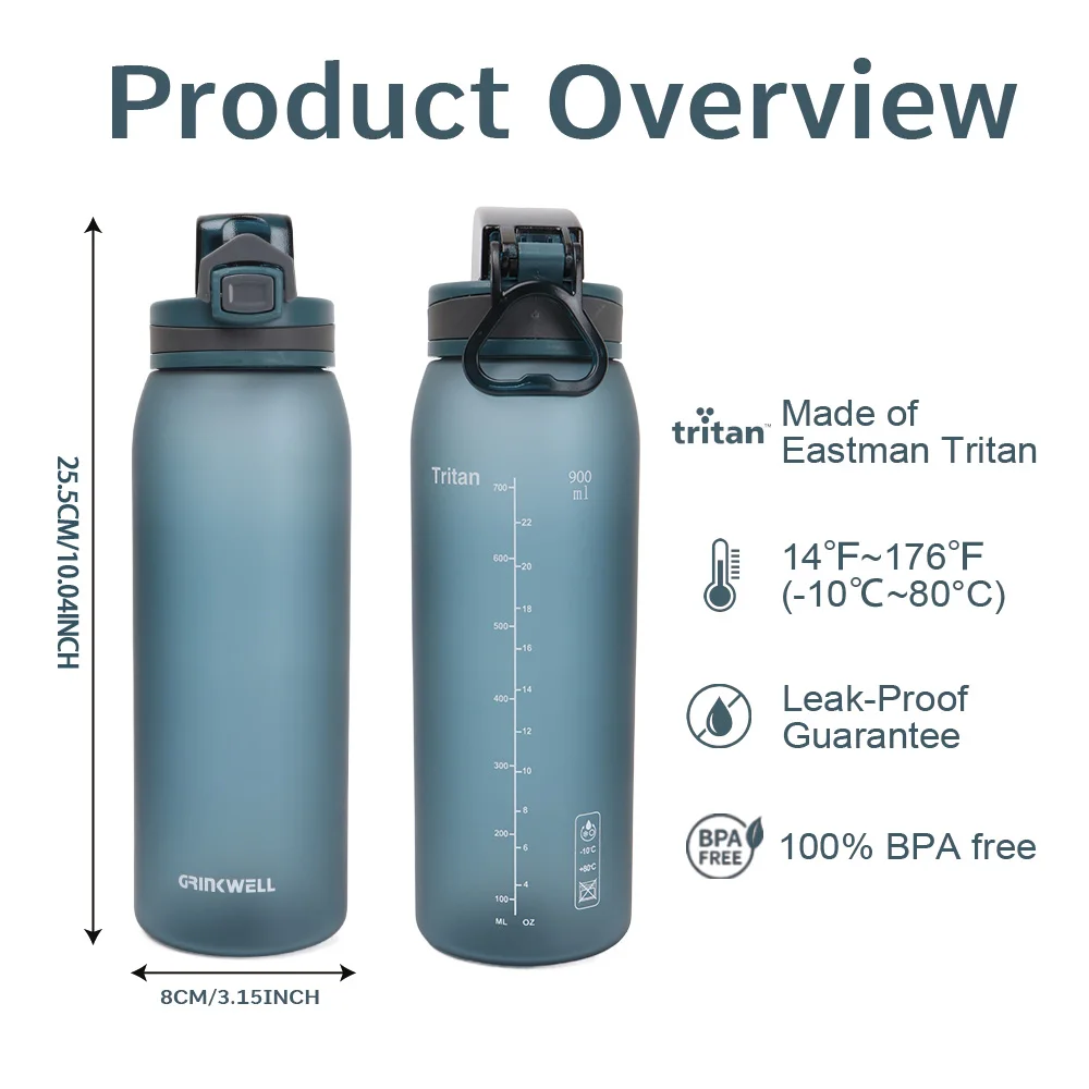 Grinkwell Tritan 900ml Sports Water Bottle with Leakproof Flip Cap, Filter, Key Button, Hydration Reminder, BPA-Free Gym Cup