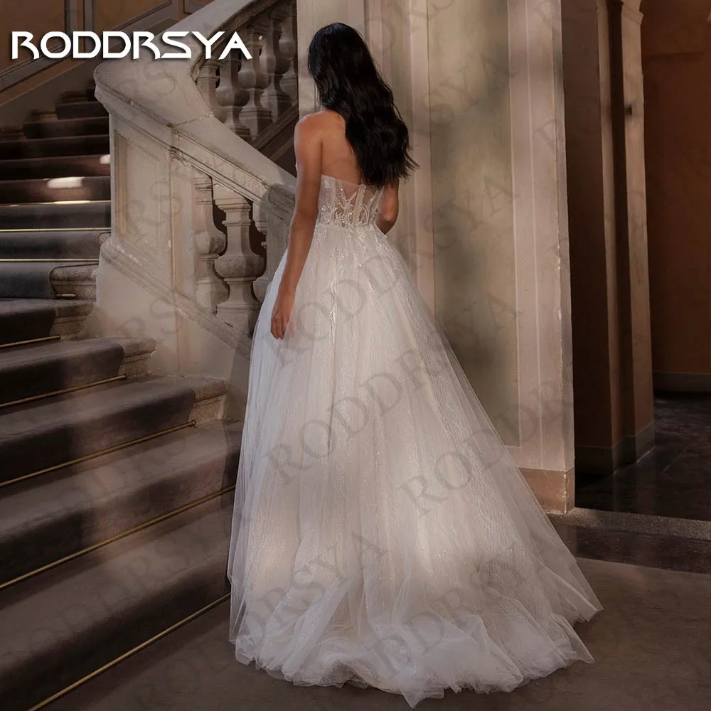 RODDRSYA بدون حمالة فستان زفاف تول vestidos novias boda حبيبته رقبة دانتيل بخط منقسم يزين عاري الظهر فستان زفاف فستان الزفاف الشيفون بلا حمالة مع Vestidos Novias بودا سويت طوق التعادل فساتين العرائس