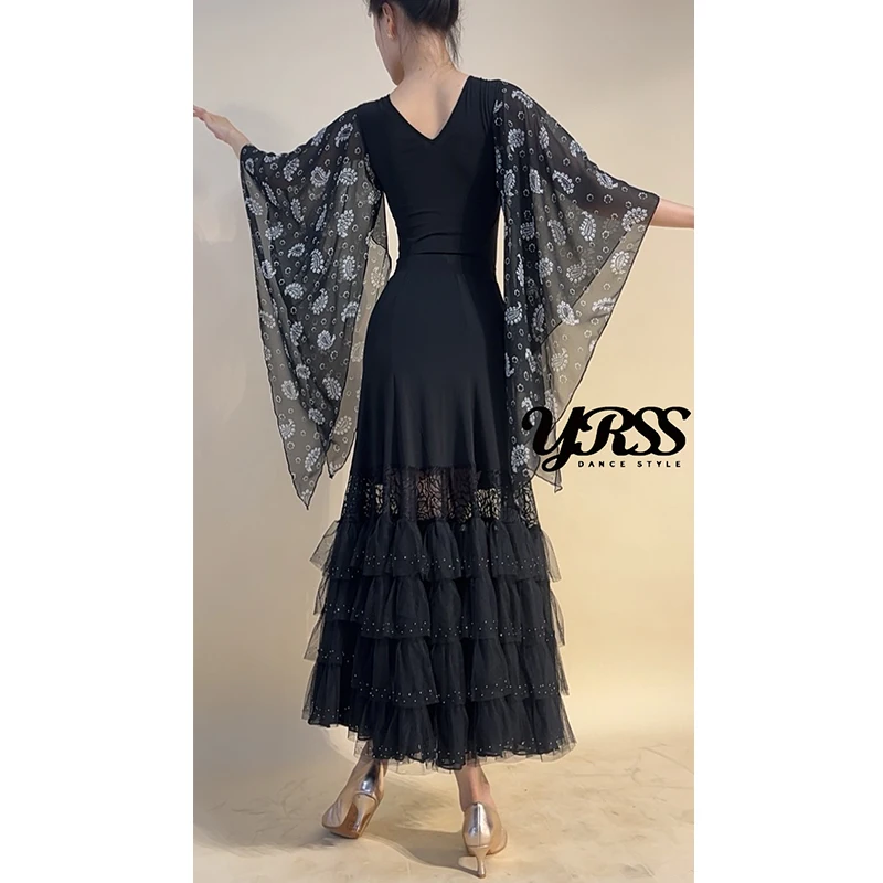 Vêtements de danse de salon pour femmes, Costume de spectacle, manches en mousseline de soie, hauts, jupe en dentelle, robe de danse valse, vêtements de compétition BL16766