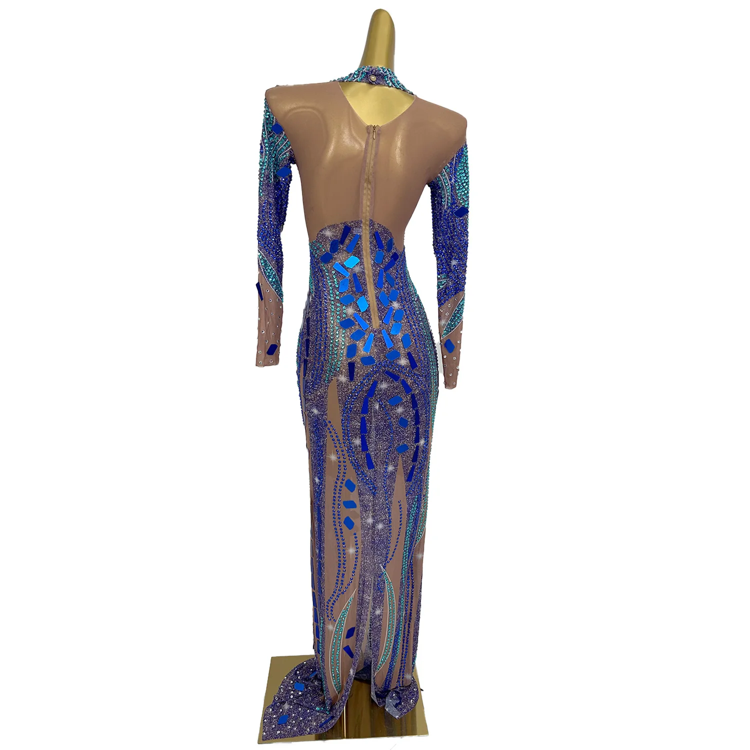 

Formal Couture Sparkly Rhinestone See Through Mesh Blue Long Dress Elegant Women Birthday Party Evening Dress Photo Shoot Wear