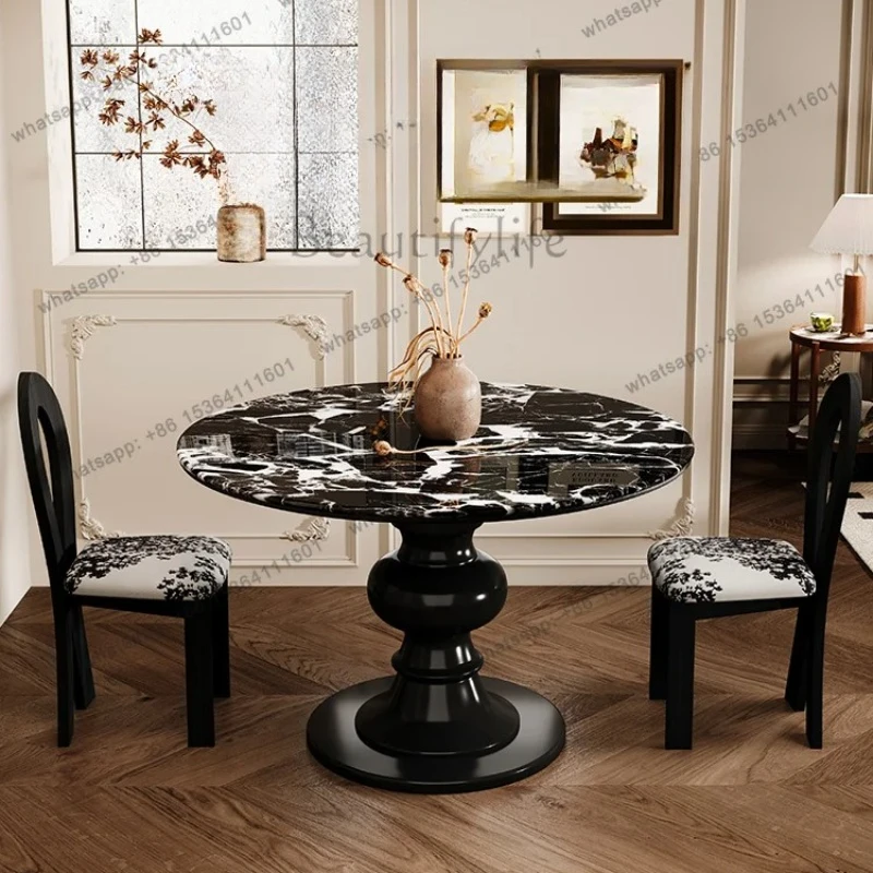 

yj7 French retro marble round dining table 2025 new small apartment household cream wind solid wood round table