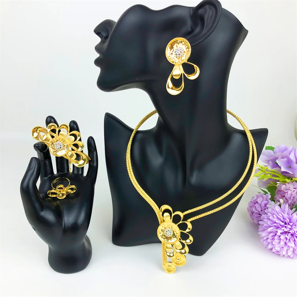 

Полный комплект ювелирных изделий из 18-каратного золота, дизайнерское ожерелье с цветком, серьги, браслет, кольцо, итальянский Дубай, позолоченная пластина Jewelle