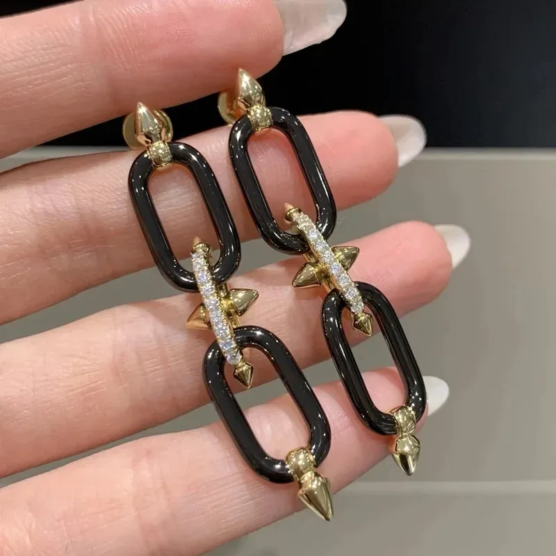 

Roseie 2026 925 Silver High carbon Diamond Black Enamel Long Rivet Earrings 18K Gold Plated Fine Jewelry Exquisite party gift