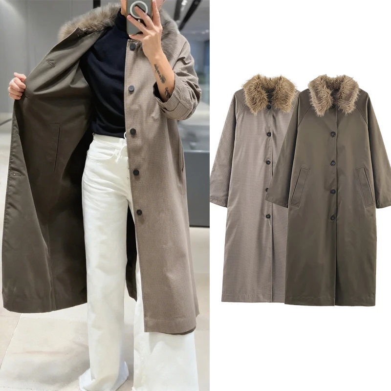 

Двусторонний длинный плащ CharmChant с меховым воротником, модные элегантные новые куртки с длинными рукавами, верхняя одежда 2025 года, ветровка