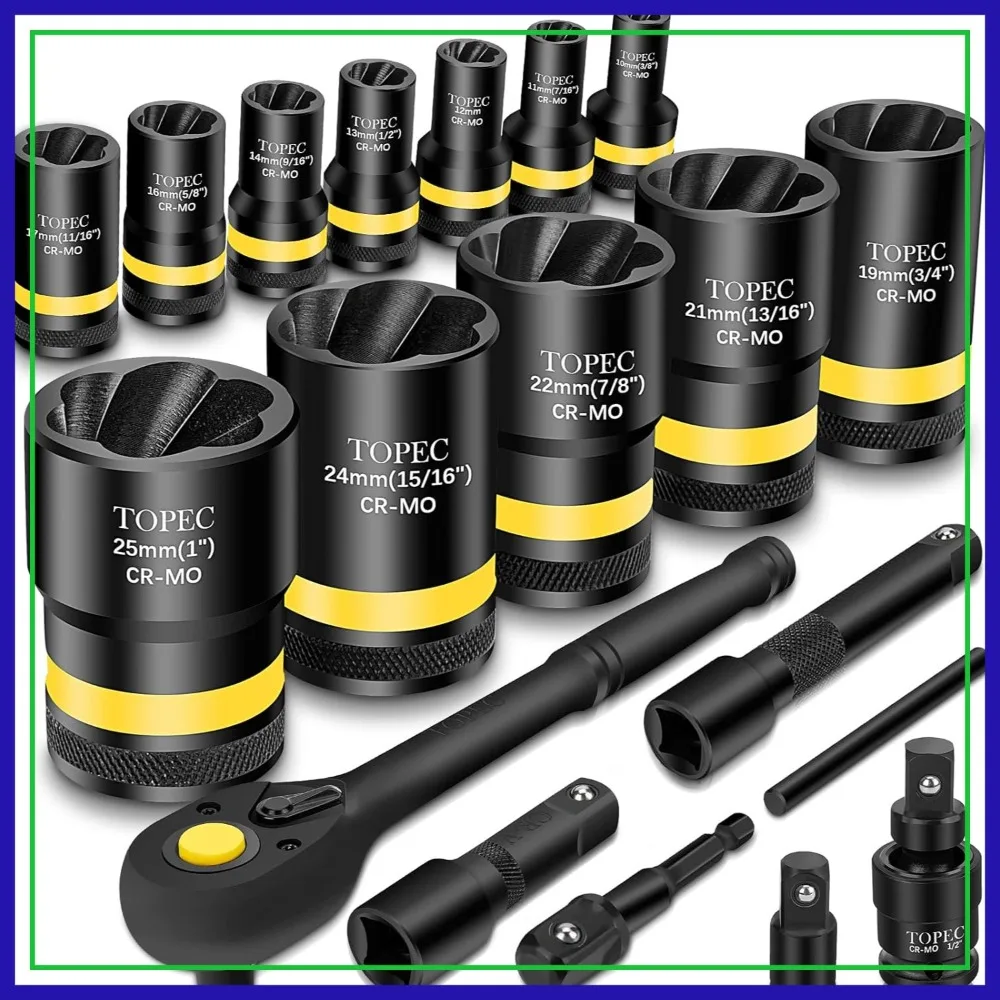 

19-Piece Lug Nut Removal Tool Set, 1/2" Drive 10-25mm, Impact Socket Extractor with Ratchet Handle for Damaged Rounded Stripped Bolts