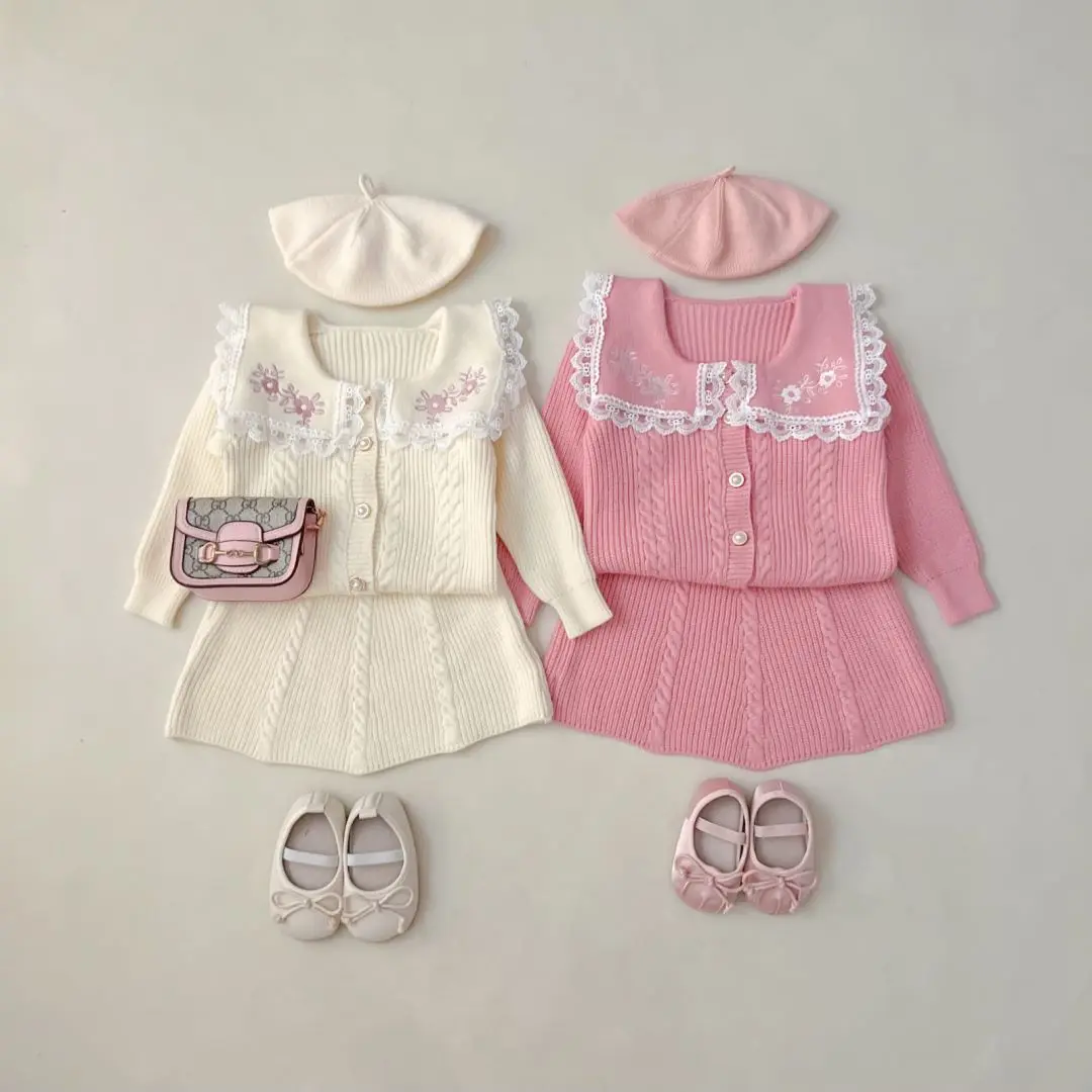 2pcs Girls Clothing Set Embroidery Floral Sailor Collar One Breasted Sweater+High Waist A-Line Soft Knitted Skirt TwoPieces Suit