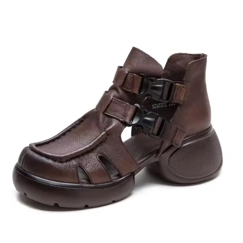 

6cm New Summer Shoes Women Sandals Retro Genuine Leather Wedges Platform Peep Toe High Heel Beige Brown Black Size 35-40