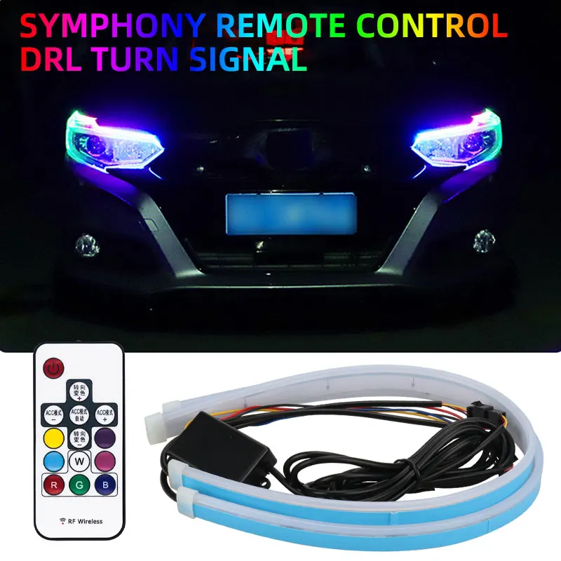 45/60cm Car Daytime Running Lights With LED Turn Signal DRL Rainbow Color Decorative Light RGB With Remote Control 12V