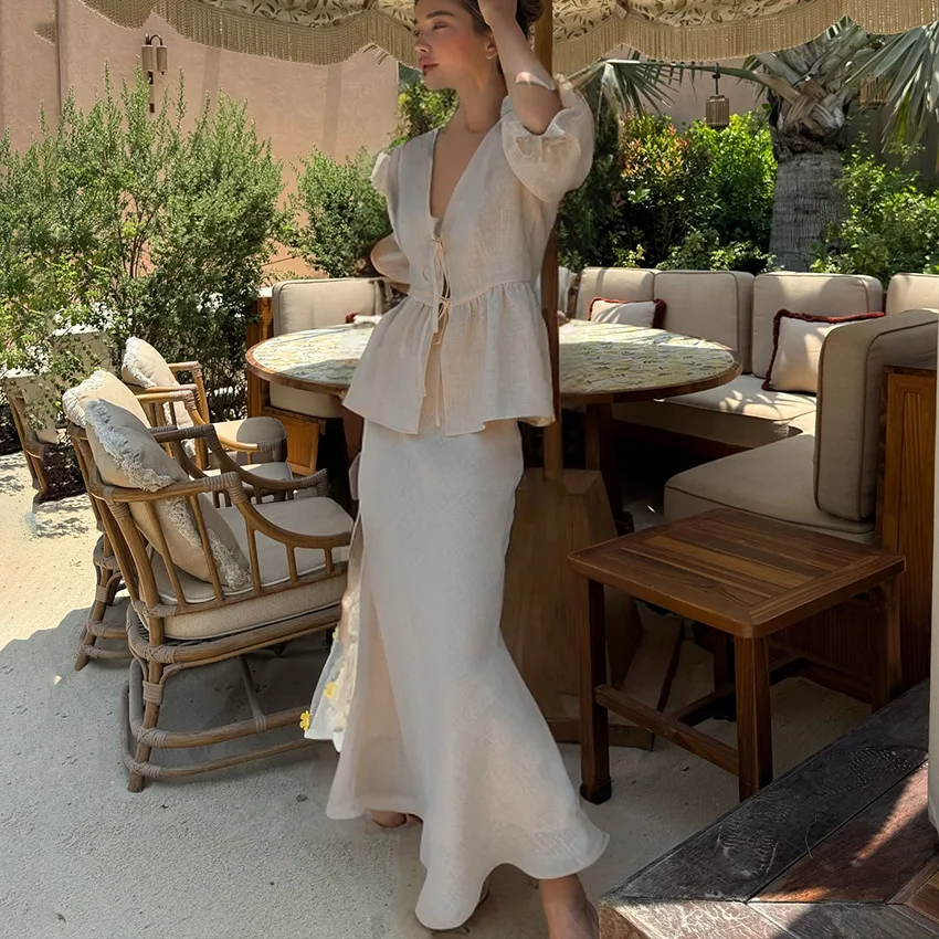 2026 Summer New Arrival Women Fashion V Neck Tie Blouse Puff Sleeve A Line Skirt Set Design Elegant Chic Trendy Versatile Daily